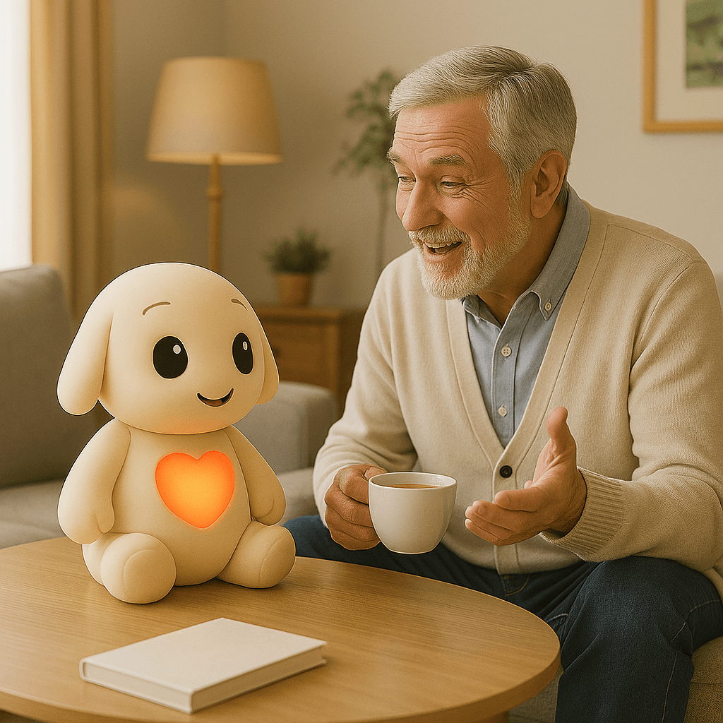 Senior enjoying companionship with Qluve robot